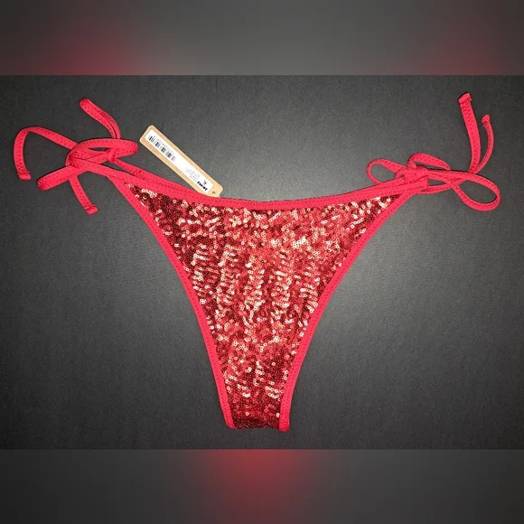 💕NWT SKIMS Swim Bikini Bar Tie Bottoms Swimsuit Swim Suit Red Sequin BRICK S - Picture 5 of 7